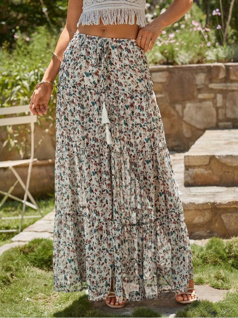 SHEIN Bohemian Floral Tiered Maxi Skirt in Cream and Teal - Picture 5 of 9